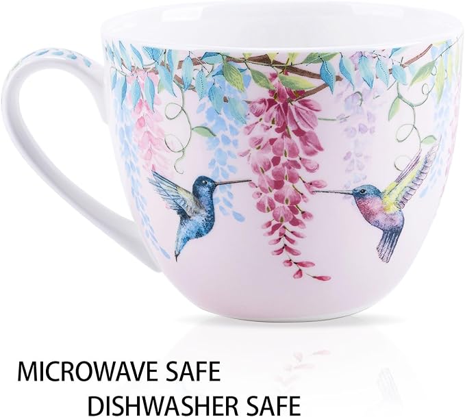 Spring Hummingbird Hug Mug - 20oz Pink Bone China Coffee Tea Mug with Floral Vine & Fluttering Hummingbirds, Thoughtful Gifts for Mom Women Mothers Day, Designed in England by Harvest Green Studio - Image 4