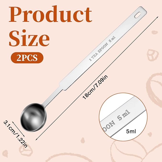 2PCS Measuring Spoon, 1 Tsp(1/3tbsp, 1/6oz, 5ml) Stainless Steel Single Tablespoon Long Handle Teaspoon Scoop for Kitchen Tea Soup Ingredients Cooking & Baking