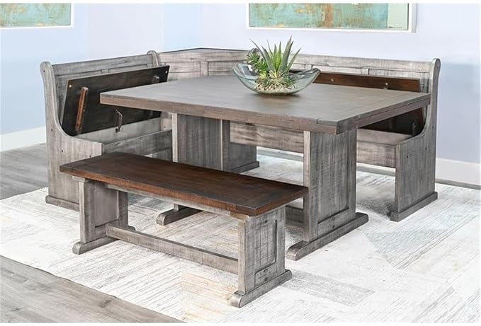 Pemberly Row 3-Piece Traditional Solid Wood Breakfast Nook Set with Table, Storage Space, Foldable Corner Shelf, Fit Any Space Blending Style and Function, in Gray & Brown Finish - Image 6