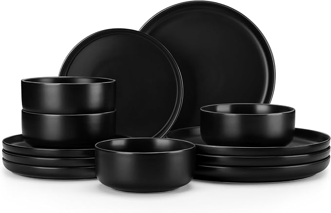 MALACASA 12 Pcs Porcelain Plates and Bowls Sets,Dinnerware Set for 4,Black | Modern Ceramic Dishware Set,Kitchen Dining Ware,Microwave and Dishwasher Safe,Simple Matt Black Design,Series LUNA by MALACASA