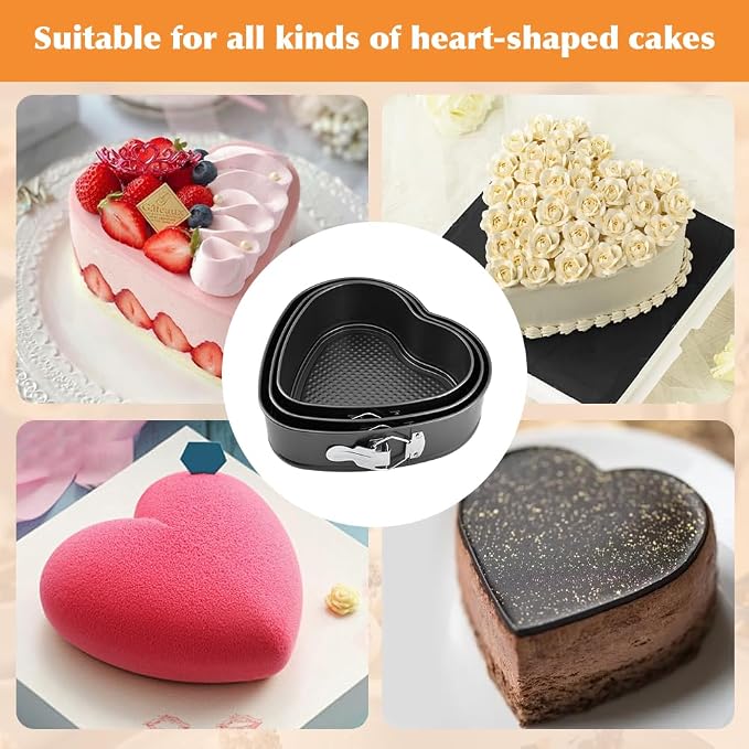 Set of 3 Springform Cake Tins Heavy Duty, Double Layer Non-Stick Coating, Removable Base, Heavy Duty Carbon Steel, Perfect for Frozen Desserts - Oven Safe Bakeware (heart-shaped) - Image 9