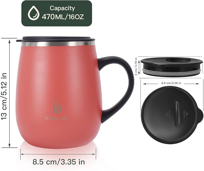 Ideus 16 oz Insulated Coffee Mug with Handle and Lid, Double Wall Stainless Steel Vacuum Thermal Coffee Mug, Travel Coffee Cup Thermal Cup for Home and Office, Jellyfish Red - Image 3