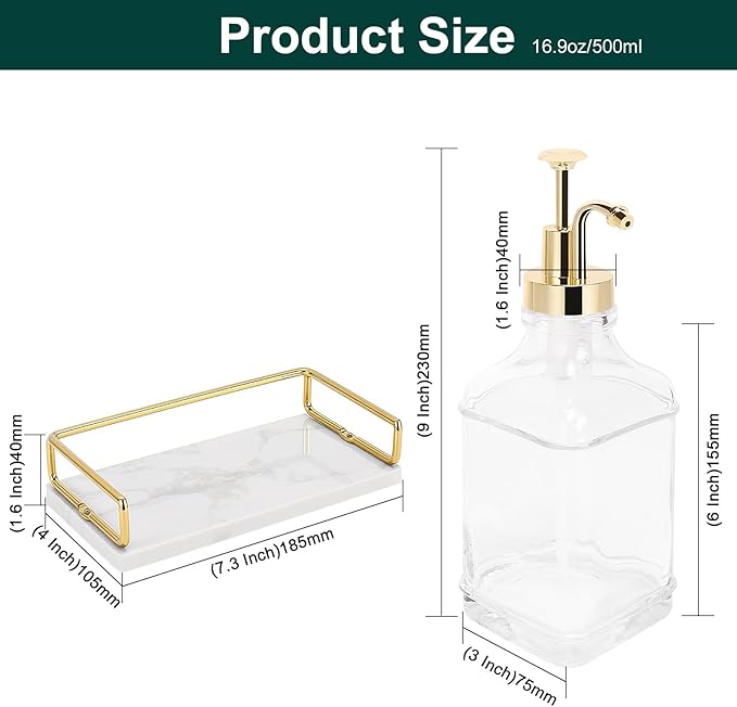 Coffee Syrup Dispenser for Coffee Bar, Clear Glass Syrup Bottles with Pump, Refillable Maple Syrup Storage, Coffee Station Accessories and Organizer, 500ml, Set of 2 + Tray (Gold)