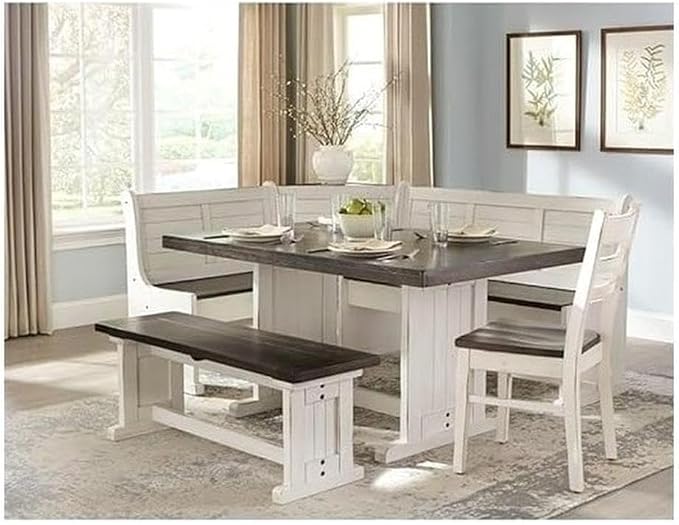 Pemberly Row 4-Piece Farmhouse Wood Breakfast Nook Set with Hidden Storage, Reversible Seating, Great for Small Spaces, in White & Brown Finish - Image 2
