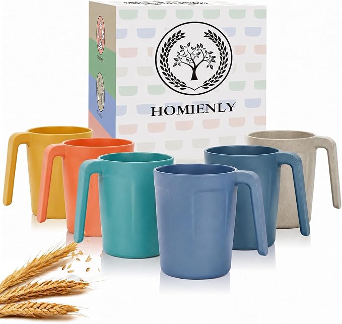 Homienly Wheat Straw Coffee Mugs, Alternative to Plastic Coffee Cups, Set of 6, Unbreakable Camping Coffee Mugs, 16 OZ Cups for Tea, Coffee, Milk, Dishwasher and Microwave Safe Kids Mug, Multi by HOMIENLY