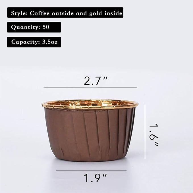 Party Hippo Cupcake Cups, 3.5 Oz 50 pcs Disposable Foil Muffin Liners, Gold Baking Cups, Ramekin Aluminum Cupcake Tip Pan Ramekin Holders, Little Baking Cups (50, Coffee) - Image 2