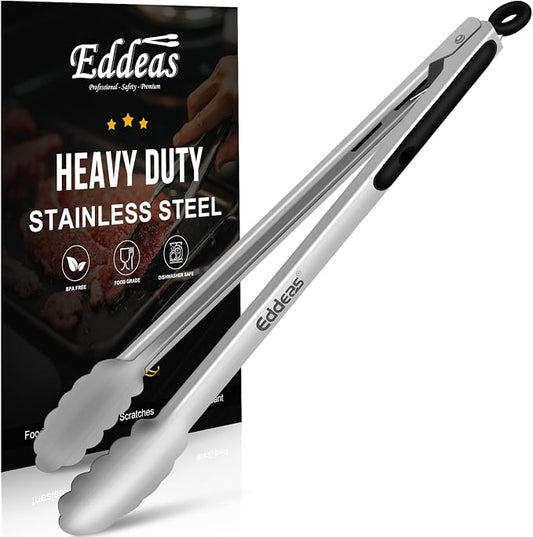 Eddeas Grill Tongs, 17 Inch Extra Long BBQ Tongs, Heat Resistant 600 Degrees Stainless Steel tongs, Kitchen Metal Locking Tongs for Cooking, Grilling, Outdoor Barbecue by Eddeas