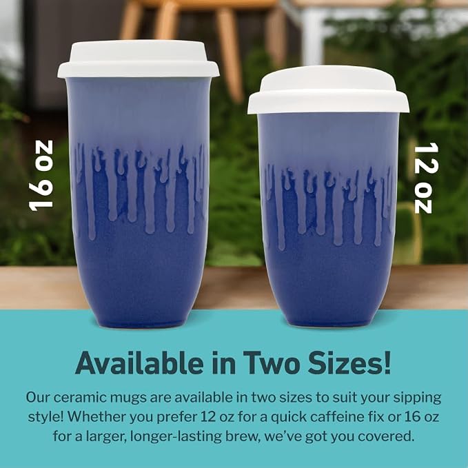 NOVA CERAMICS Ceramic Tumbler– Blue Ceramic Mug – Microwave & Dishwasher Safe Coffee White & Orange Tumbler - Leak-Proof Coffee Travel Mug – 16oz – Neptune - Image 5
