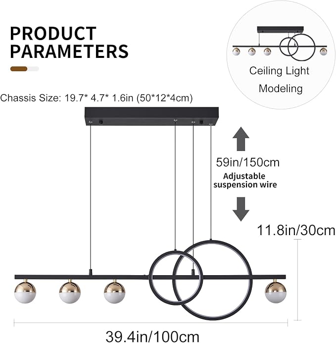 ORANOOR Modern LED Black Gold Chandelier, 39inch Dimmable LED Pendant Light | Linear Pendant Lights for Kitchen Island, 39in Globe Haning Pendant Chandelier Lighitng for Dining Room (2 Rings, 3000lm) ﻿ - Image 5