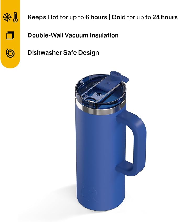 RTIC 20oz Road Trip Travel Mug with Lid and Handle, Ceramic Lined, Cobalt | Stainless Steel Metal, Insulated Travel Cup for Hot and Cold Drinks, Coffee, Car, Camping and Travel - Image 2