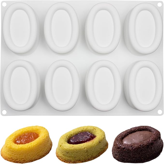 8-Cavity Oval Silicone Financier Mold for Baking Eclairs | 29.2 x 20.7 cm Size, 8 Cavities, Eclair & Canele Use, Non-Stick Surface, Flexible Release by Fchil