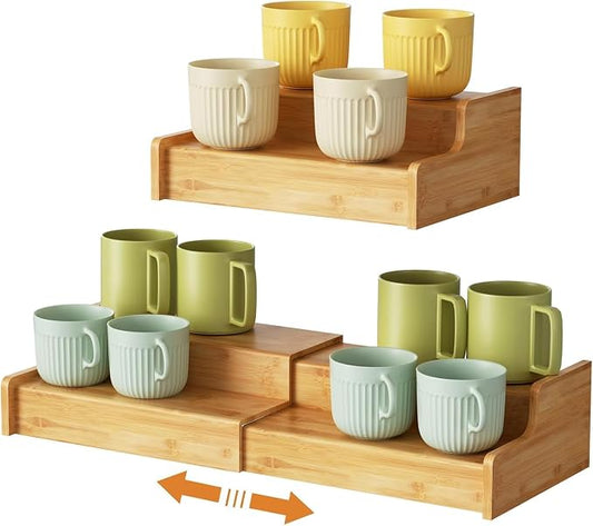 Hongtamoya 2-Tier Expandable Bamboo Coffee Mug Holder, Mug Organizer for Kitchen Cabinets, Mug Cup Rack, Multi-Functional Cup Holder Shelf, Coffee Bar Organizer, Home by Hongtamoya