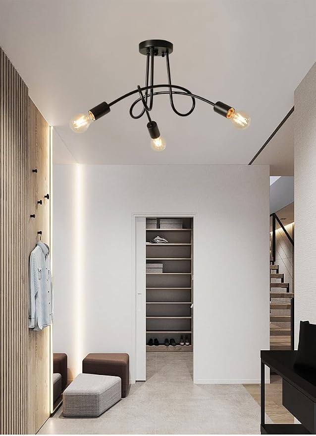 Modern Farmhouse Chandelier,22 Inch 3 Light Sputnik Semi Flush Mount Ceiling Light, Metal Black Rustic Light Fixture for Dining Room Bedroom Kitchen Hallway Entryway - Image 9