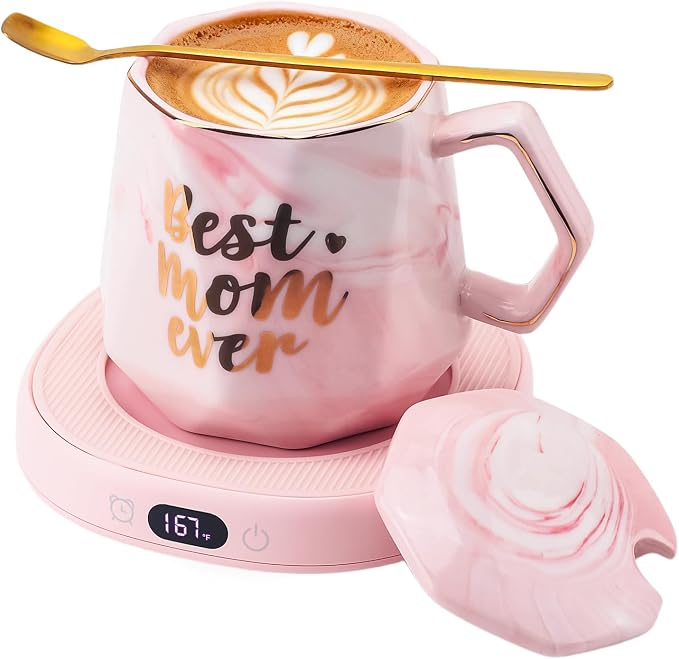 Coffee Mug Warmer & Best MOM Ever Mug Set, Smart Heated Electric Cup Warmer for Desk Office, 4 Temperature Control Beverage Tea Coffee Warmer, 8h Auto Shut Off Candle Plate, Women Mom Gifts from Son by SmartTool%E2%80%A2BetterLife