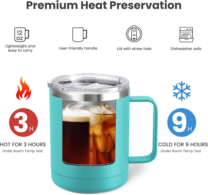 MEWAY 12oz Coffee Mug With Handle 4 Pack Bulk,Stainless Steel Insulated Travel Tumblers With Sliding Lid,Double Wall Vacuum Camping Cup for Hot & Cold Drinks Tea (Light Green,Set of 4) - Image 3