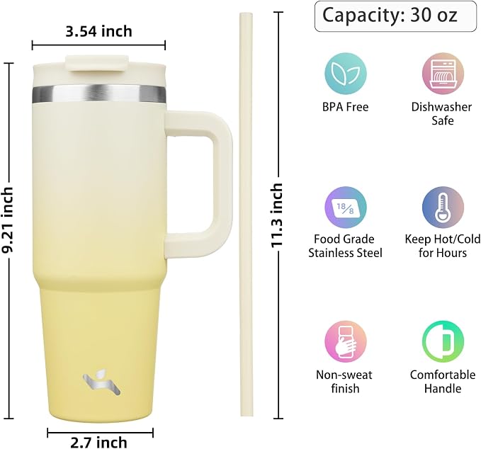 Konokyo 30 oz Insulated Tumbler Water Bottle with Handle, Straw Lid | BPA-free and dishwasher safe; made for gym, travel, coffee and gifting, 2 straws, cup holder friendly,Lemon - Image 4