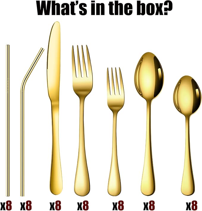 56 Pieces Gold Silverware Service for 8 Flatware Set with Straws Stainless Steel Utensils Cutlery Set Dishwasher Safe Flatware (Gold, 56) - Image 6