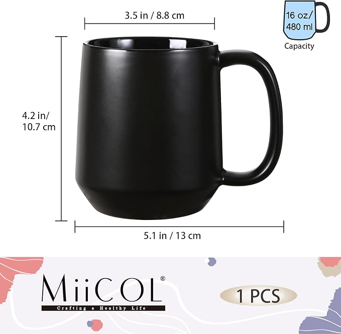 Miicol Ceramic Coffee Mug, 16 oz Large Coffee Cup, Tea Mug with Handle, Flat Bottom Mug for Men, Women, Office, Microwave and Dishwasher Safe, Multi-Color, Black - Image 3