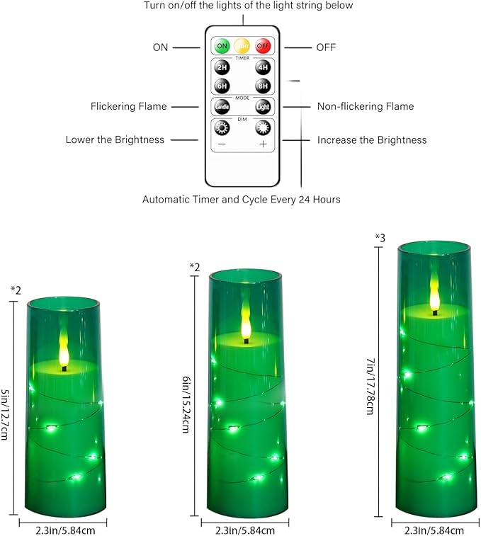 Flameless Candles,with Embedded Star String, Battery Operated Candles Flickering LED Pillar Candles with Remote Control and Timer, Home Decoration Add a Warm and Romantic Atmosphere，Set of 7 (Green) - Image 2