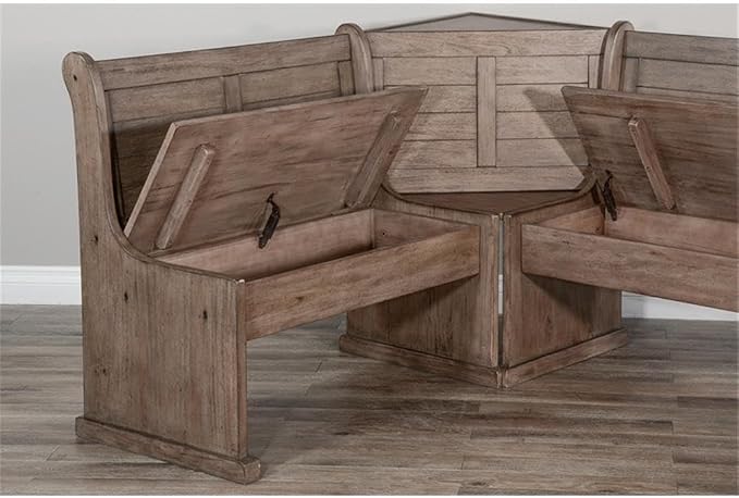 Pemberly Row 75" x 56" Farmhouse Wood Breakfast Nook Set with Table, Lift Seats, Hidden Storage, Reversible Benches, for Small Spaces, in Buckskin/Taupe Brown Finish - Image 2