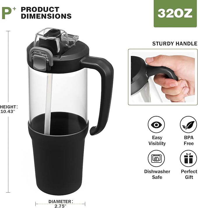 32 oz Glass Tumbler with Handle, 2-in-1 Straw and Sip Spout, Leakproof, BPA-Free Glass Water Bottle for Sports, Office, School, Black