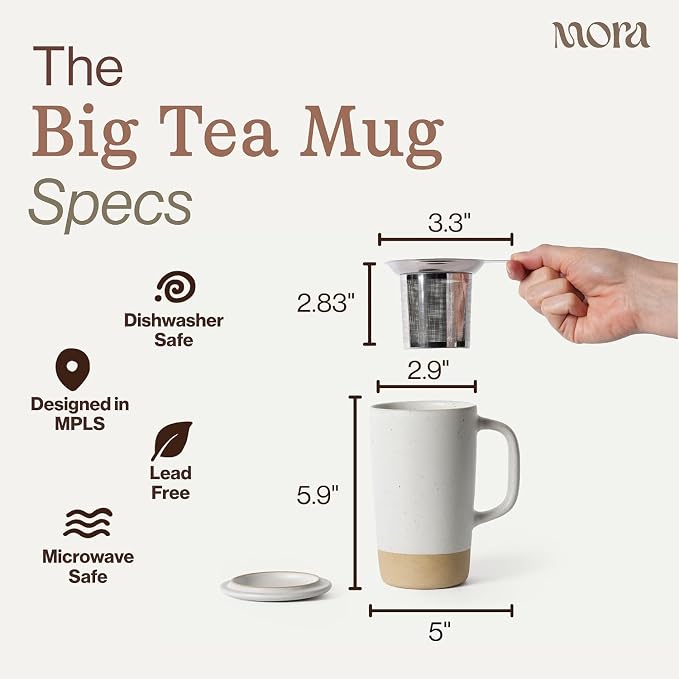 MORA Ceramics Large Tea Mug with Loose Leaf Infuser and Ceramic Lid, 18 oz, Portable, Microwave, Dishwasher Safe, Tall Coffee Cup - Rustic Matte Ceramic Glaze, Modern Herbal Tea Strainer, Nebula - Image 2