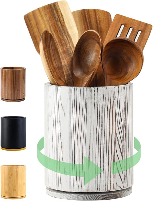 Distressed White Utensil Holder, 360° Rotating 7.3 in Kitchen Organizer | Farmhouse countertop decor. 360° rotating base holds spatulas, ladles, tongs, and cooking tools. Distressed white finish. by Unknown