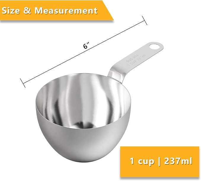 2PCS 1Cup (237ml, 8oz) Single Measuring Cup with Black Silicone Grip, 18/8 Stainless Steel Individual Measure Scoop Only