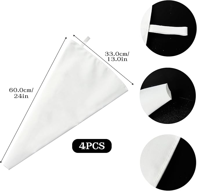 Klmnop 4 Pack Reusable Piping Bags, 24 Inch Large Cloth Cake Decorating Bags Pastry Bags, Hangable Frosting Piping Bags for Cakes Cookies(White)