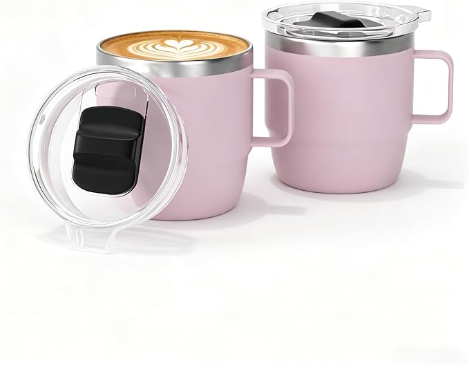6 oz Stackable Mug, Stainless Steel cup with handle, Vacuum Insulated Espresso/Coffee Mug, shot Glass Set for 2-Piece Set for Coffee, Spirits, Wine, Tea-Pink by ZREGGUR