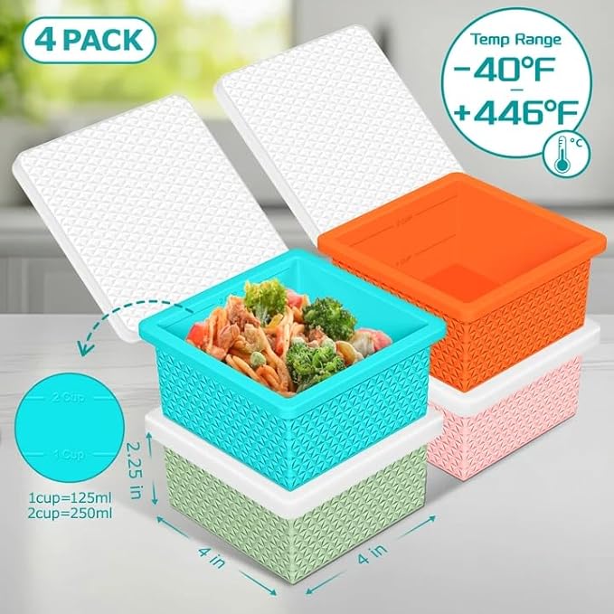 Silicone Freezer Tray with Lid-Stackable Soup Freezer Container Molds,2-Cup Ice Cube Trays for Perfect Portion Control,Food Storage & Meal Prep,Oven & Dishwasher Safe-4 Pack