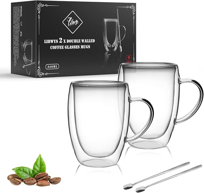 LIBWYS 12oz Double Walled Coffee Cups Glasses Mugs, Borosilicate Glass 2Pcs | Espresso Cappuccino Latte Tea Cups with Handle, Insulated Heat Resistant Clear Espresso Cups, Hot and Cold Beverages, 350ml by LIBWYS