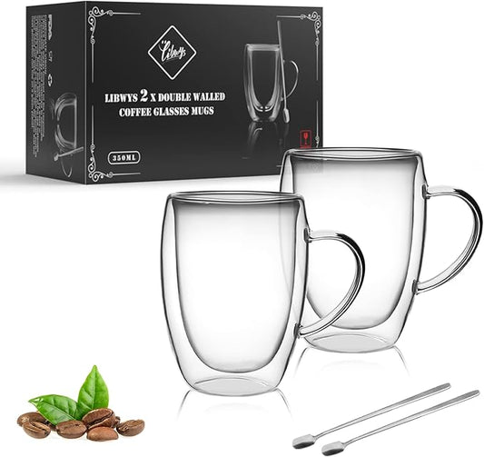 LIBWYS 12oz Double Walled Coffee Cups Glasses Mugs, Borosilicate Glass 2Pcs | Espresso Cappuccino Latte Tea Cups with Handle, Insulated Heat Resistant Clear Espresso Cups, Hot and Cold Beverages, 350ml by LIBWYS