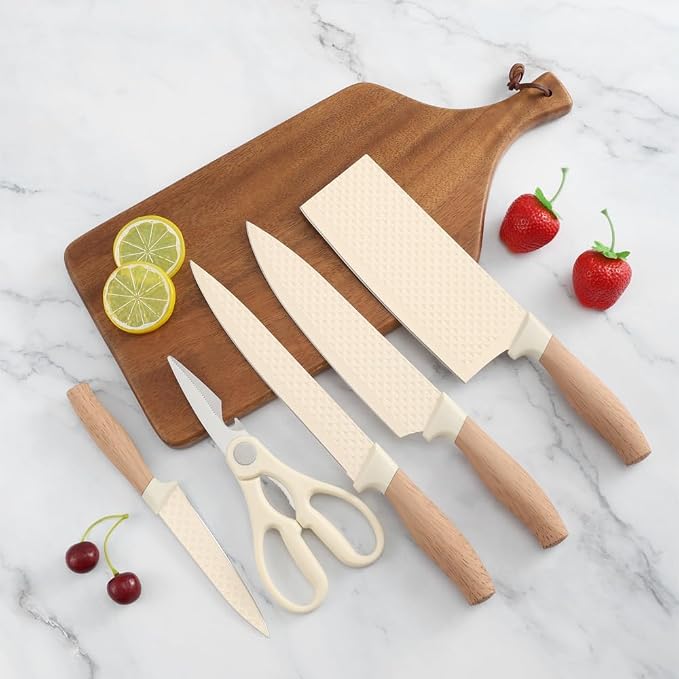 Knife Set, Wiztoynia 6-Piece Beige Kitchen Knife Set for Home, Anti-Rust Non-stick Stainless Steel Sharp Chef Knife Set with Universal Knife Block for Kitchen, Ergonomical Design (Beige) - Image 9
