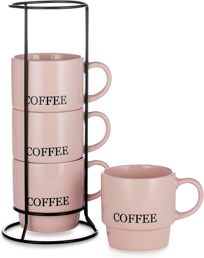 Signature Housewares Stackable Coffee Mug Tower Set with Metal Wire Rack - 15 Ounce Coffee Mugs for Coffee, Tea, Cocoa, Milk, Cappuccino, Hot Chocolate Set of 4 - Pink Coffee by SignatureHousewares