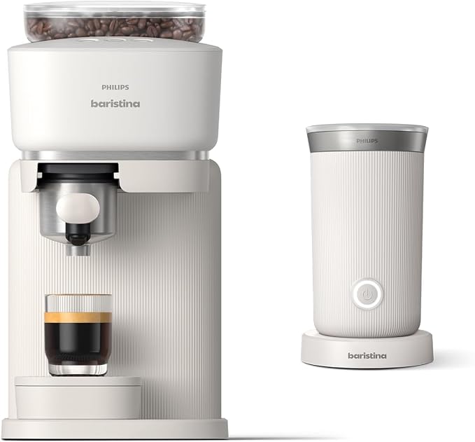 Philips Baristina Espresso Machine+Milk Frother Bundle. Real espresso. Compact coffee machine,portafilter, grinder, Cafe Crema. Dairy & Non-Dairy Milk foam​. Hot & Cold. Easy Clean. White (BAR303/00) by Unknown