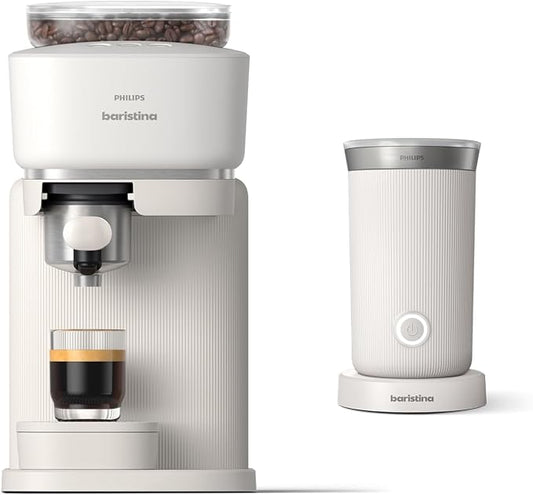 Philips Baristina Espresso Machine+Milk Frother Bundle. Real espresso. Compact coffee machine,portafilter, grinder, Cafe Crema. Dairy & Non-Dairy Milk foam​. Hot & Cold. Easy Clean. White (BAR303/00) by Unknown