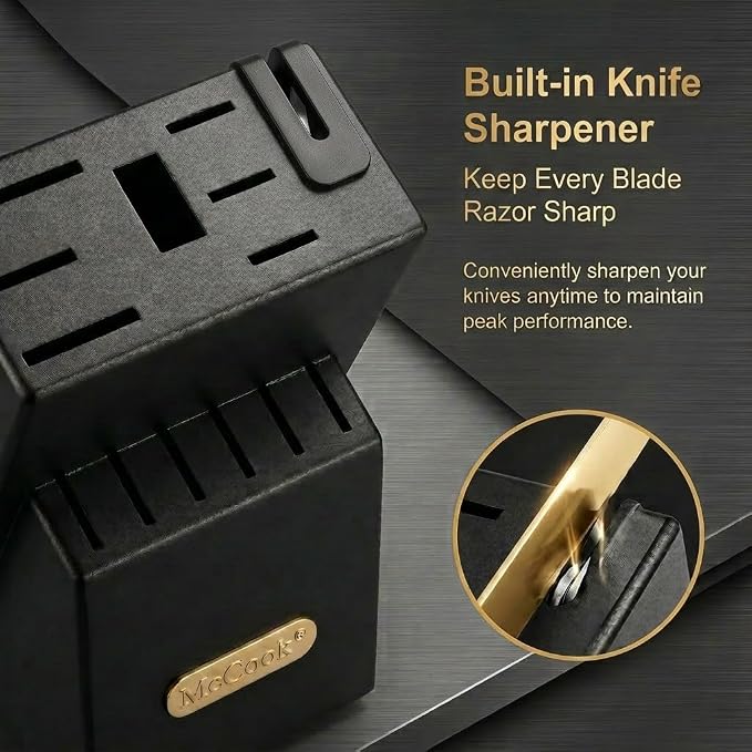 McCook® Knife Sets, Golden Titanium Stainless Steel Kitchen Knife Block Sets with Built-in Sharpener, 15 Piece Knives, Restaurant Grade Sharp, Elegant Gold & Stylish Wooden Block for Modern Culinary | German Forged Stainless Steel,15 PC,Razor Sharp,Ant... - Image 3