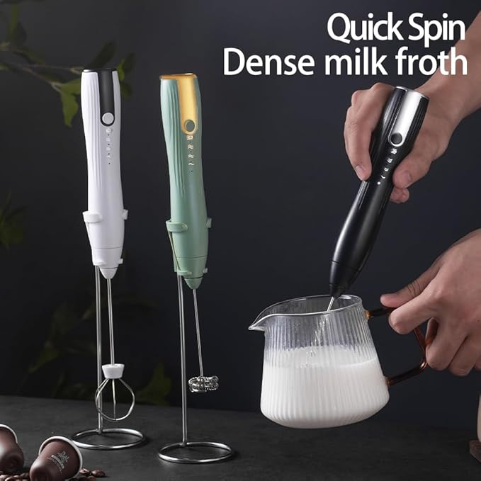 Ruciko Rechargeable 3-Speed Electric Milk Frother,Stainless Steel,Mini Handheld.Quick Type-C Charging for Lattes,Coffee,Egg Whipping & Hot Choc.With Double-Layer Frothing Head & Stand.(white)