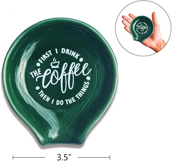 Littlefa Coffee Spoon Rest Holder-Coffee Bar Accessories-Blackish Green | Funny Ceramic Coffee Spoon Rest for Coffee Bar Accessories Essentials, Coffee Lovers Gifts, But First I Drink Sign - Image 2