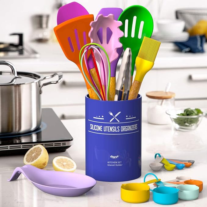 Umite Chef Kitchen Cooking Utensils Set, 33 pcs Non-stick Silicone Cooking Kitchen Utensils Spatula Set with Holder, Wooden Handle Silicone Kitchen Gadgets Utensil Set (Colorful) - Image 5