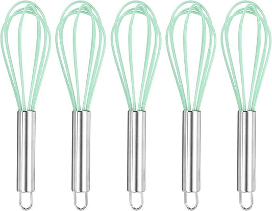 HARFINGTON 5Pcs Silicone Whisk 8" Kitchen Whisk Wire Whisks Beater with Stainless Steel Handle for Egg Milk Whisking Blending Beating & Stirring, Green