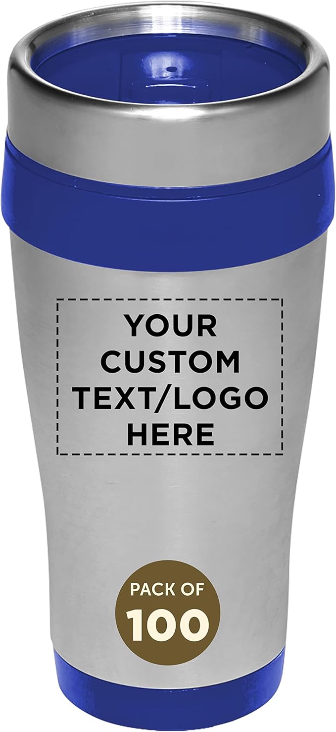Custom Insulated Stainless Steel Travel Mugs 16 oz. Set of 100, Personalized Bulk Pack - Perfect for Coffee, Soda, Other Hot & Cold Beverages - Blue