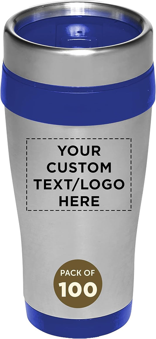 Custom Insulated Stainless Steel Travel Mugs 16 oz. Set of 100, Personalized Bulk Pack - Perfect for Coffee, Soda, Other Hot & Cold Beverages - Blue