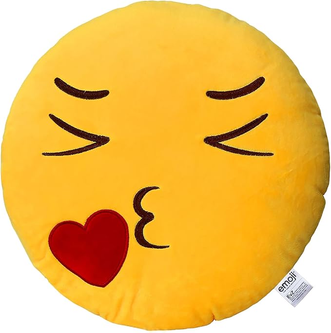 EvZ Official Certified Kiss Girl Emoji Pillow - 32cm Large Soft Plush Blowing Kiss Emoticon Cushion - Cute Romantic Decorative Stuffed Toy for Valentine’s Day, Bedroom & Sweet Surprise (Yellow) by EvZ