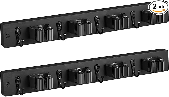 OUTNILI 2 Pack Black Mop Broom Holder Wall Mount - Wood Broom Mop Hanger - Wall Mounted Garden Tool Rack Organizer for Closet Garage Laundry Room, 4 Slots & 4 Hooks by OUTNILI