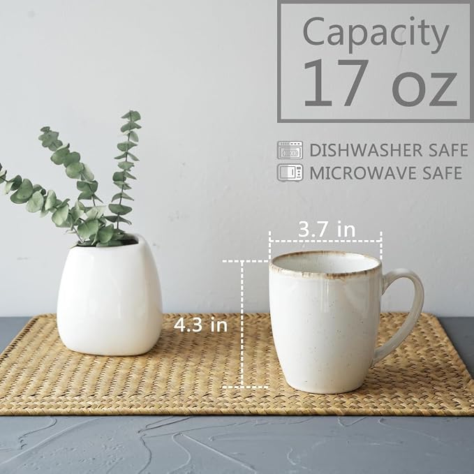 Bosmarlin Ceramic Coffee Mug Set of 4, 17 Oz, Coffee Cups with Big Handle, Microwave Safe, Unique Reactive Glaze (White, 17 Oz) - Image 2