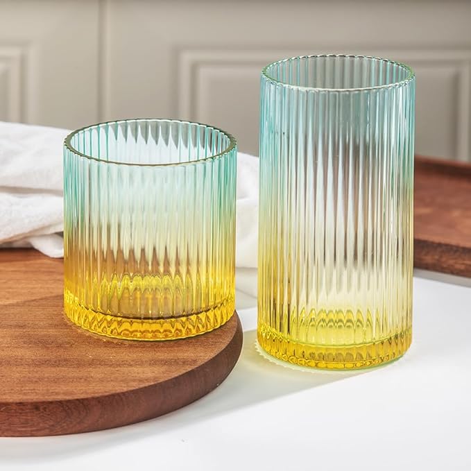 Ribbed Drinking Glasses 8pcs, 12oz and 10oz Glassware, Tumbler Glasses Cup Set for Wedding, Party, Christmas Gift, Golden Green by Lumkit
