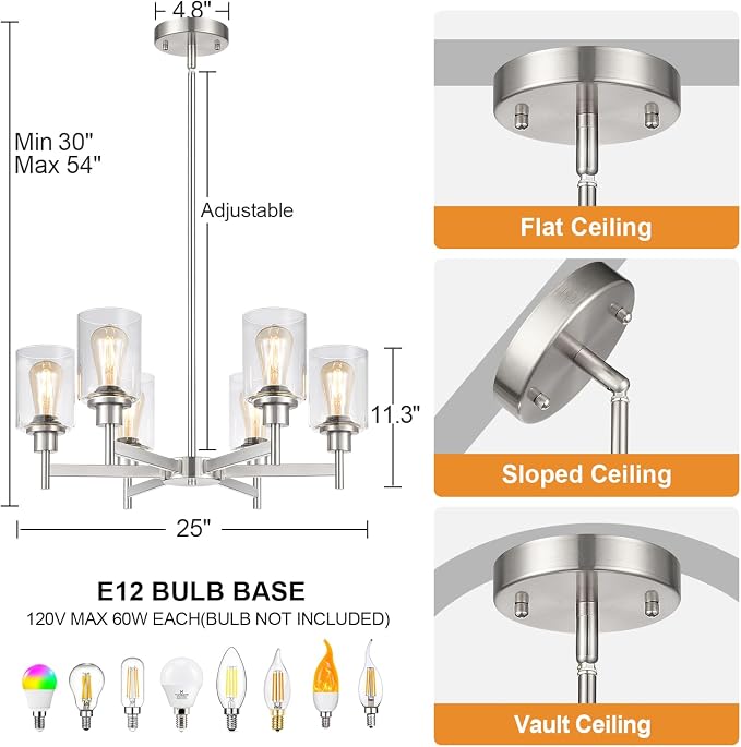 Brushed Nickel Chandeliers, 6 Light Farmhouse Chandelier for Dining Room Light Fixtures Over Table, Hanging Light Fixture with Clear Glass Shade for Kitchen Island Living Room, Height Adjustable - Image 7