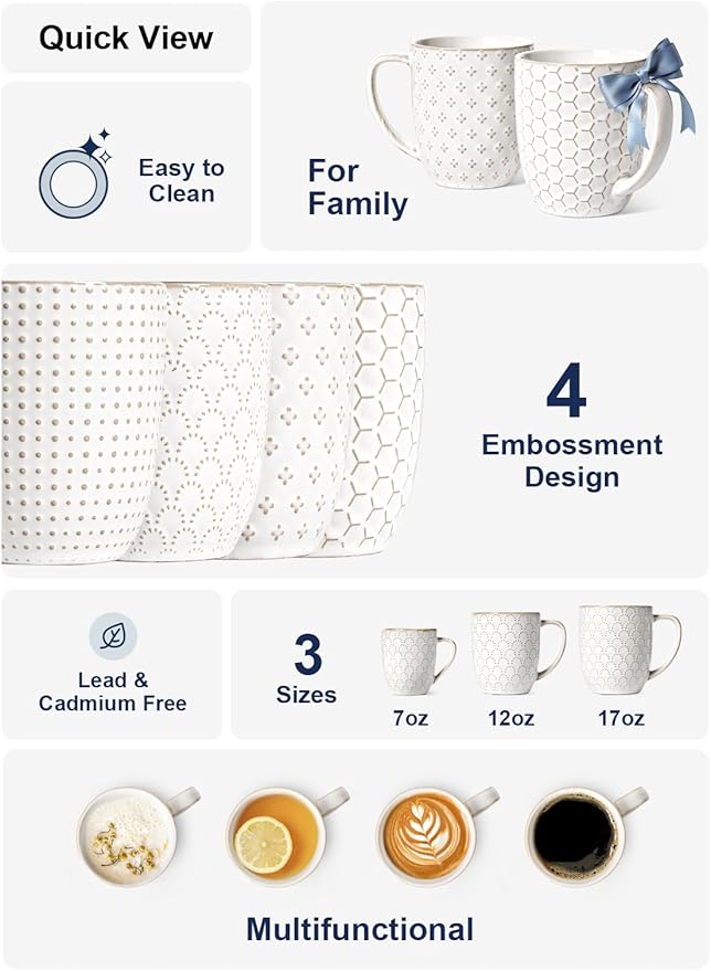 LE TAUCI Coffee Mugs 16 oz,Ceramic Mug Set, Embossment Cups for Latte, Hot Tea, Cappuccino, Mocha, Cocoa, Dishwasher Safe, Suit For Housewarming Wedding- 3.8 inch, Set of 4, Arctic White - Image 5